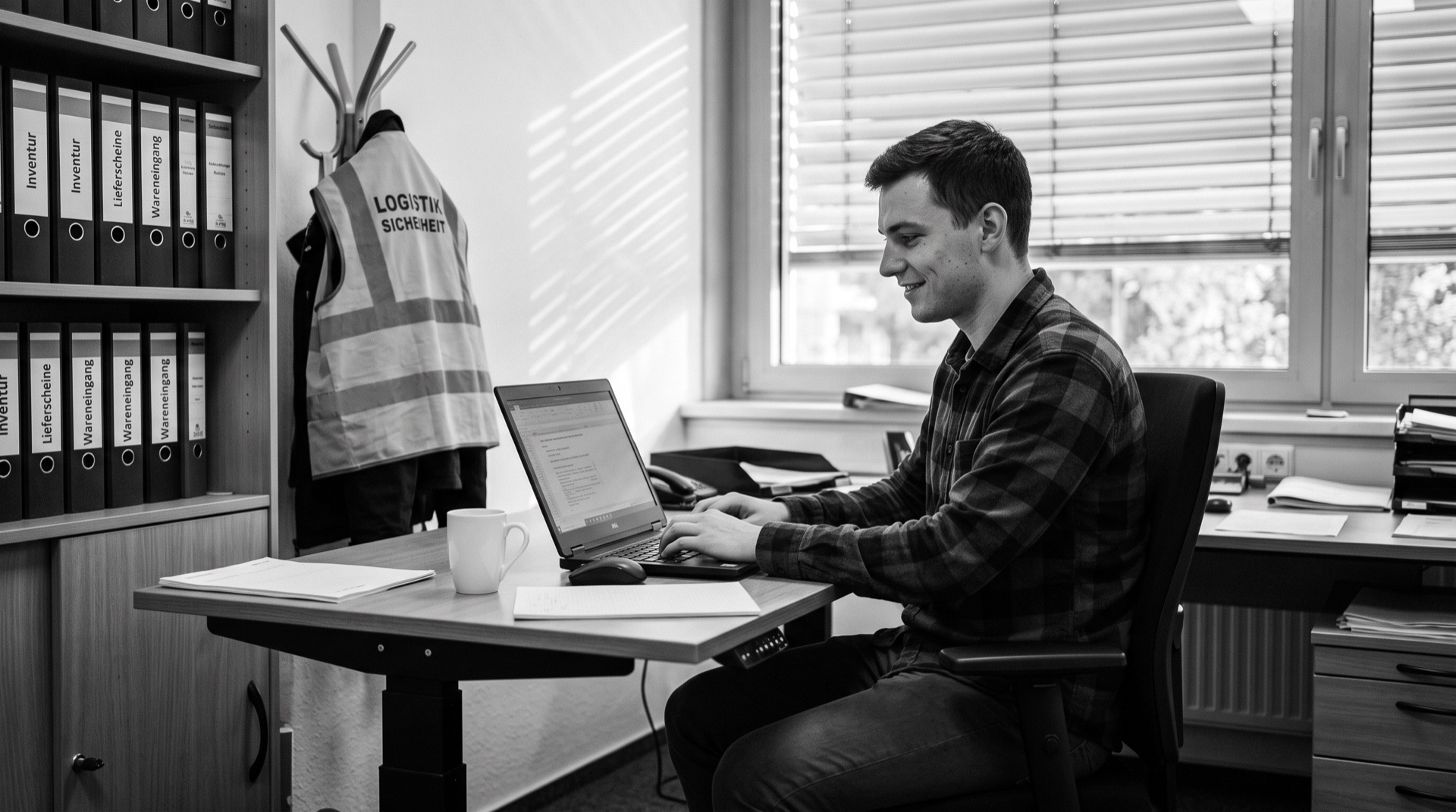 Junger Mitarbeiter arbeitet selbstständig am Laptop in einem Logistik-Büro