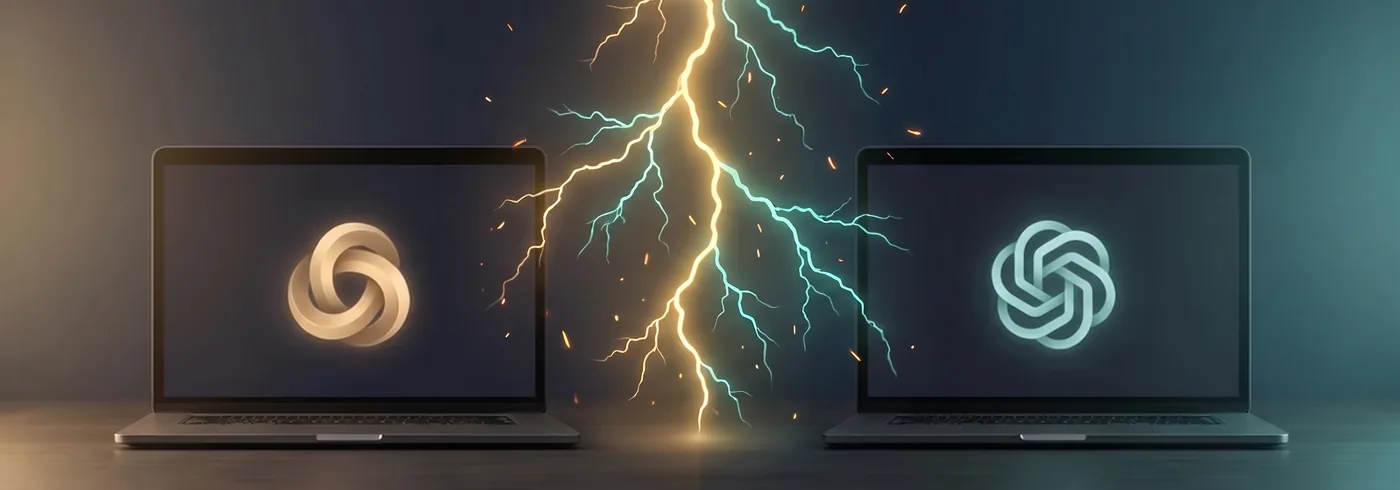 Zwei identische Laptops symmetrisch nebeneinander vor dunklem tiefblauem Hintergrund. Auf dem linken Bildschirm ein warm-goldenes Swirl-Symbol, auf dem rechten ein türkis leuchtendes hexagonales Symbol. Sinnbild für den Vergleich zweier KI-Assistenten.