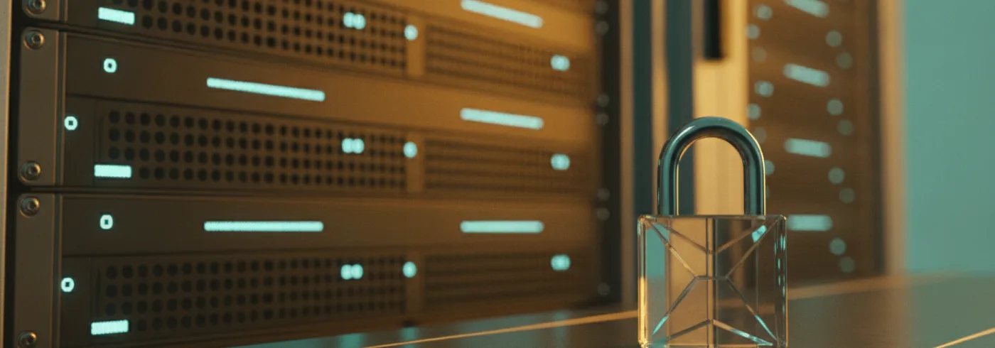 Fotorealistisches Detail eines Serverschranks in warmem Goldlicht mit teal-farbenen Status-LEDs, davor ein gläsernes Vorhängeschloss auf gebürstetem Metall, flache Tiefenschärfe.
