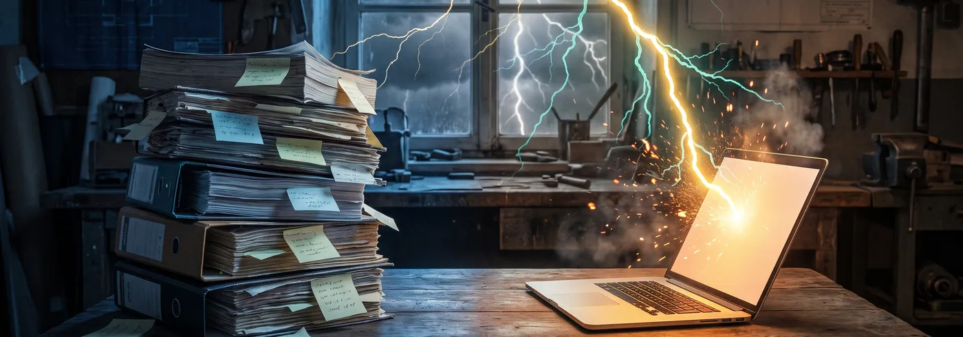 Werkstatt-Schreibtisch mit Ordner-Stapel links und leuchtendem Laptop rechts, darüber teilt sich ein goldener Blitz in zwei Richtungen