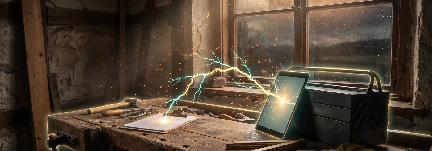 Handwerker sitzt abends in der Werkstatt am Schreibtisch, neben Aufmaß-Notizen und Belegen entsteht auf dem Tablet ein fertiges Angebot mit goldenem Lichtbogen