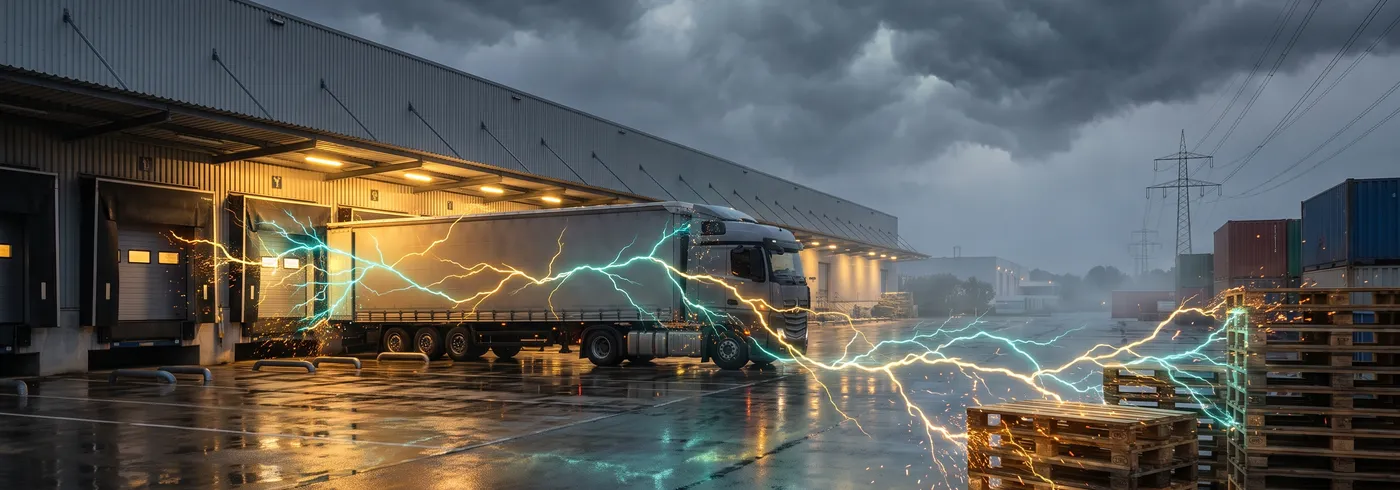 Disponent in einer Spedition vor mehreren Bildschirmen, aus dem E-Mail-Postfach verzweigen sich goldene und türkise Leitbahnen zu LKW auf dem Hof