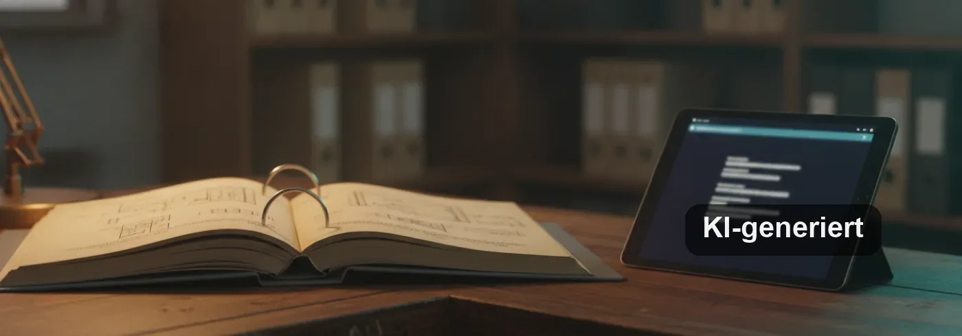 Fotorealistische Nahaufnahme eines aufgeschlagenen Ordners mit technischen Unterlagen auf einem Werktisch, daneben ein Tablet mit leuchtender Suchansicht in warmem Goldlicht, teal-farbene Akzente, flache Tiefenschärfe.