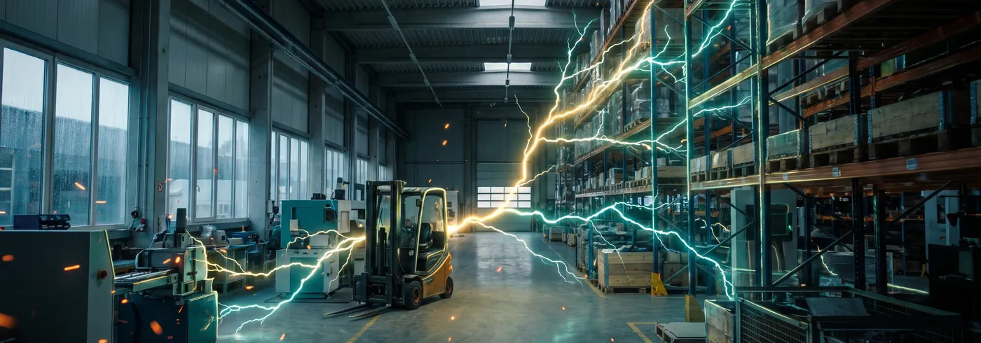 Lagerhalle eines Mittelständlers, ein leuchtendes Energie-Netz aus goldenen und türkisen Blitzen scannt Regale und Maschinen
