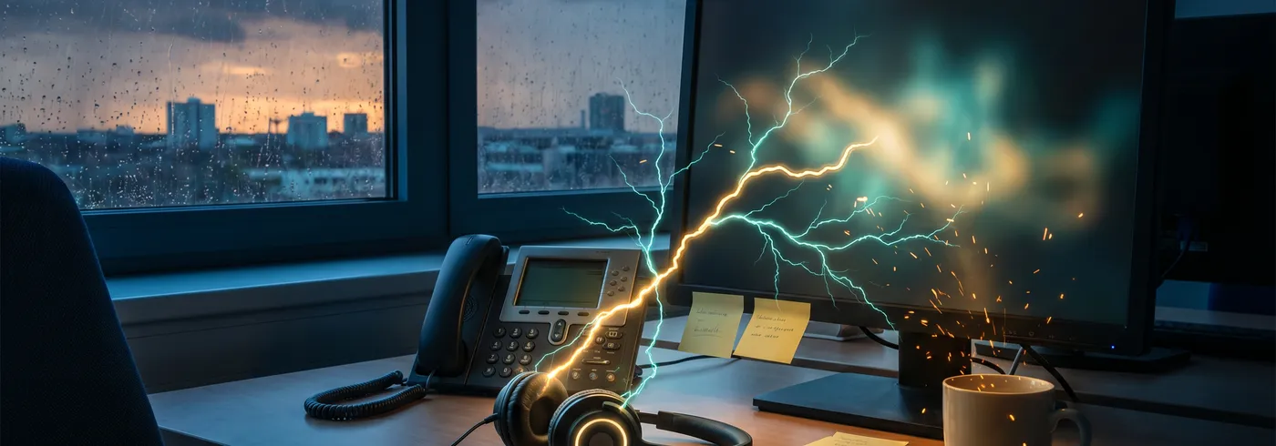 Überquellendes E-Mail-Postfach auf einem Monitor im Büro, daneben ein klingelndes Telefon, aus dem Bildschirm sortiert ein goldener Blitz mit türkisen Verzweigungen die Anfragen in geordnete Stapel