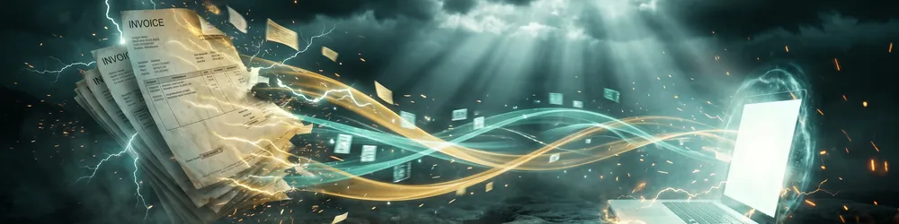 Papierbelege lösen sich in einem Gold-Teal-Energiewirbel auf und fließen als digitale Daten in einen Laptop