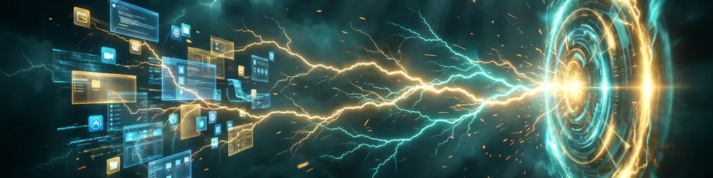 Verstreute Software-Fenster verschmelzen zu einem einzigen System aus Gold-Teal-Energie