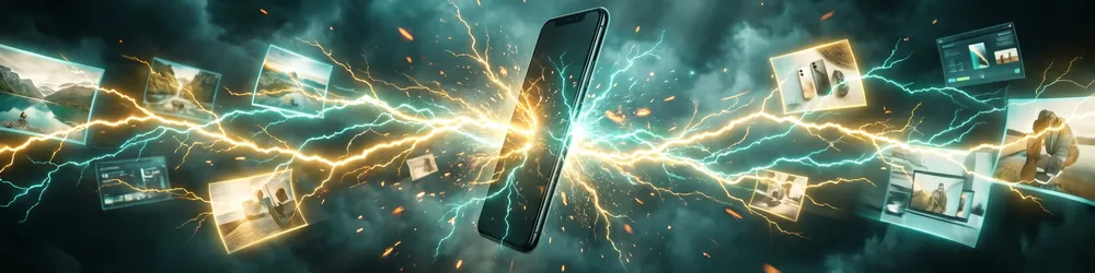 Aus einem Smartphone bricht eine Gold-Teal-Blitz-Explosion, aus der Marketing-Bilder entstehen