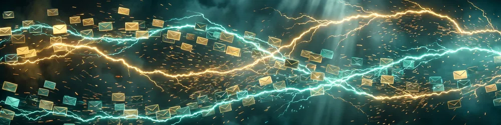 Glühende E-Mail-Umschläge werden von Gold-Teal-Energiebahnen sortiert