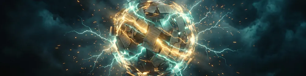 Dokumente und Verträge verdichten sich zu einem leuchtenden Wissens-Kern aus Gold-Teal-Energie